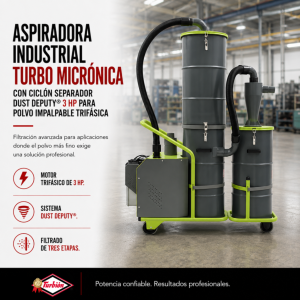 ASPIRADORA INDUSTRIAL TURBO MICRONICA CON CICLÓN SEPARADOR DUST DEPUTY® 3HP PARA POLVO IMPALPABLE TRIFÁSICA