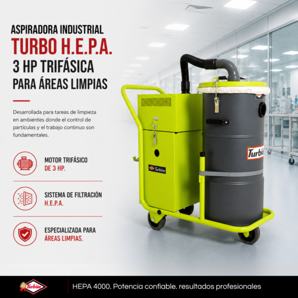 ASPIRADORA INDUSTRIAL TURBO H.E.P.A. 3HP PARA ÁREAS LIMPIAS TRIFÁSICA