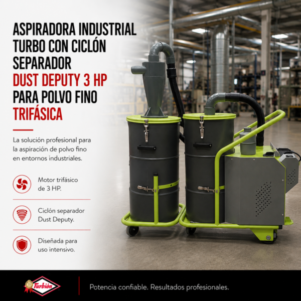 ASPIRADORA INDUSTRIAL TURBO CON CICLÓN SEPARADOR DUST DEPUTY 3HP PARA POLVO FINO TRIFÁSICA