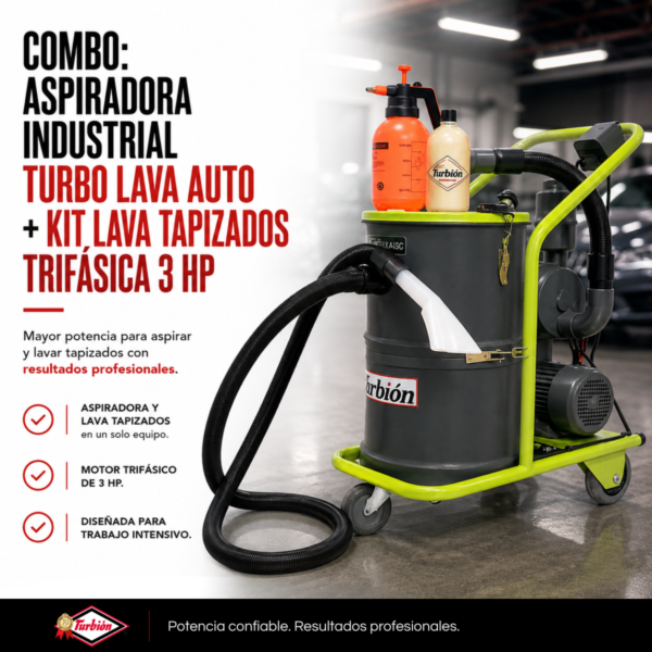 COMBO: ASPIRADORA INDUSTRIAL TURBO LAVA AUTO + KIT LAVA TAPIZADOS TRIFÁSICA 3HP