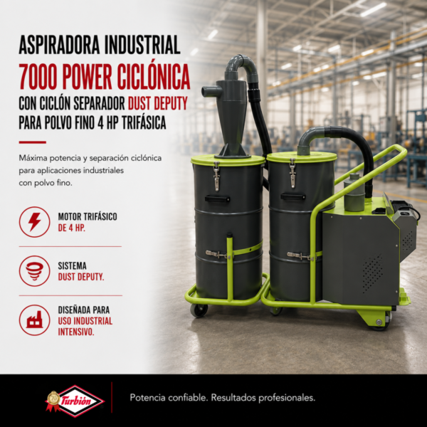 ASPIRADORA INDUSTRIAL "7000 POWER CICLONICA" CON CICLÓN SEPARADOR DUST DEPUTY PARA POLVO FINO 4HP TRIFÁSICA