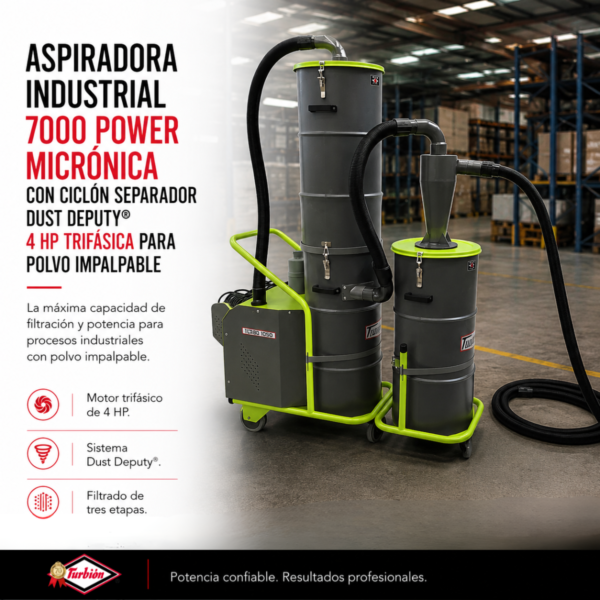 ASPIRADORA INDUSTRIAL "7000 POWER MICRONICA CON CICLÓN SEPARADOR DUST DEPUTY" 4HP TRIFÁSICA PARA POLVO IMPALPABLE