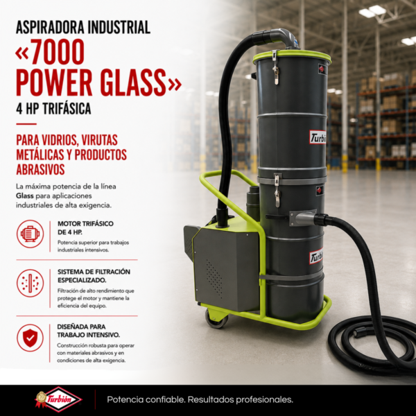 ASPIRADORA INDUSTRIAL "7000 POWER GLASS" 4HP TRIFÁSICA PARA VIDRIOS, VIRUTAS METÁLICAS Y PRODUCTOS ABRASIVOS