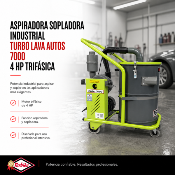 ASPIRADORA SOPLADORA INDUSTRIAL TURBO LAVA AUTOS 7000 4HP TRIFASICA